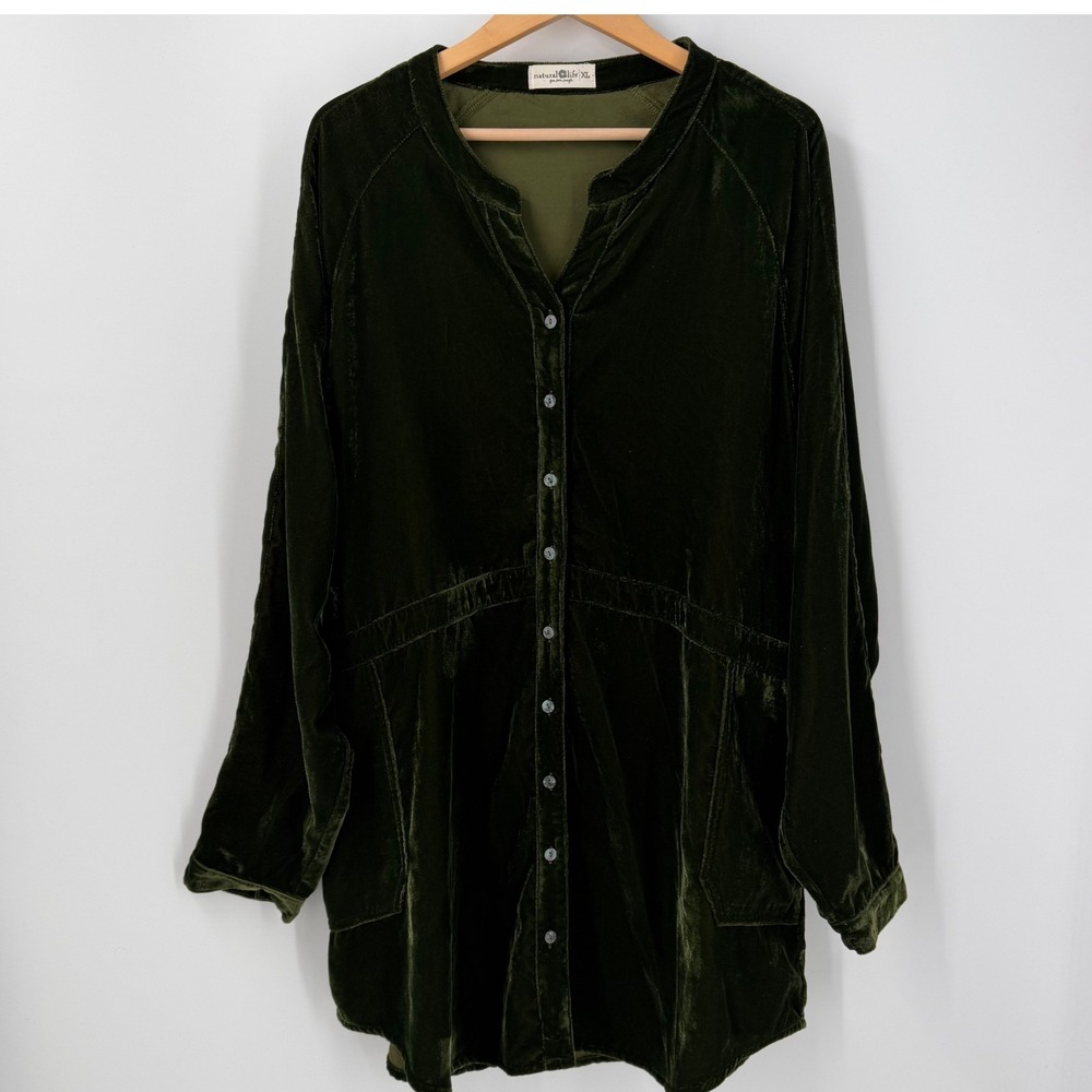 Natural Life Tunic SZ Womens XL Green Velvet Button Front Boho Whimsygoth Witchy